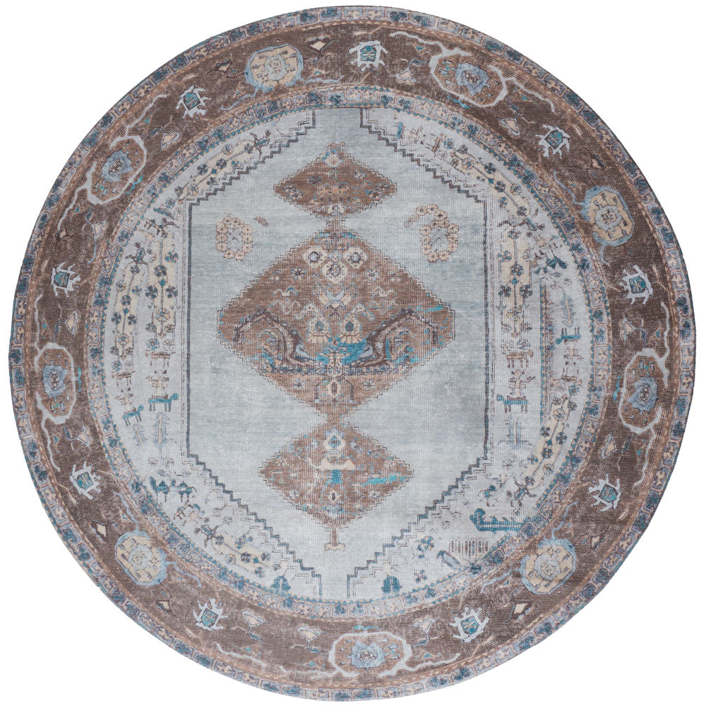 Vloerkleed Karaca Blue/Brown 06 Rond - Bruin Rond